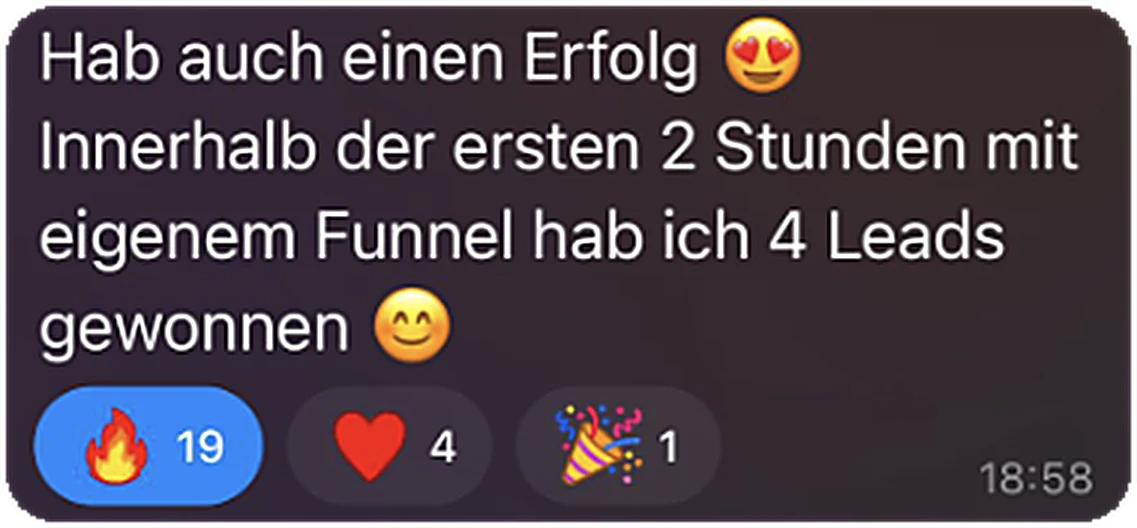 Chatnachricht: Innerhalb der ersten 2 Stunden mit eigenem Funnel 4 Leads gewonnen