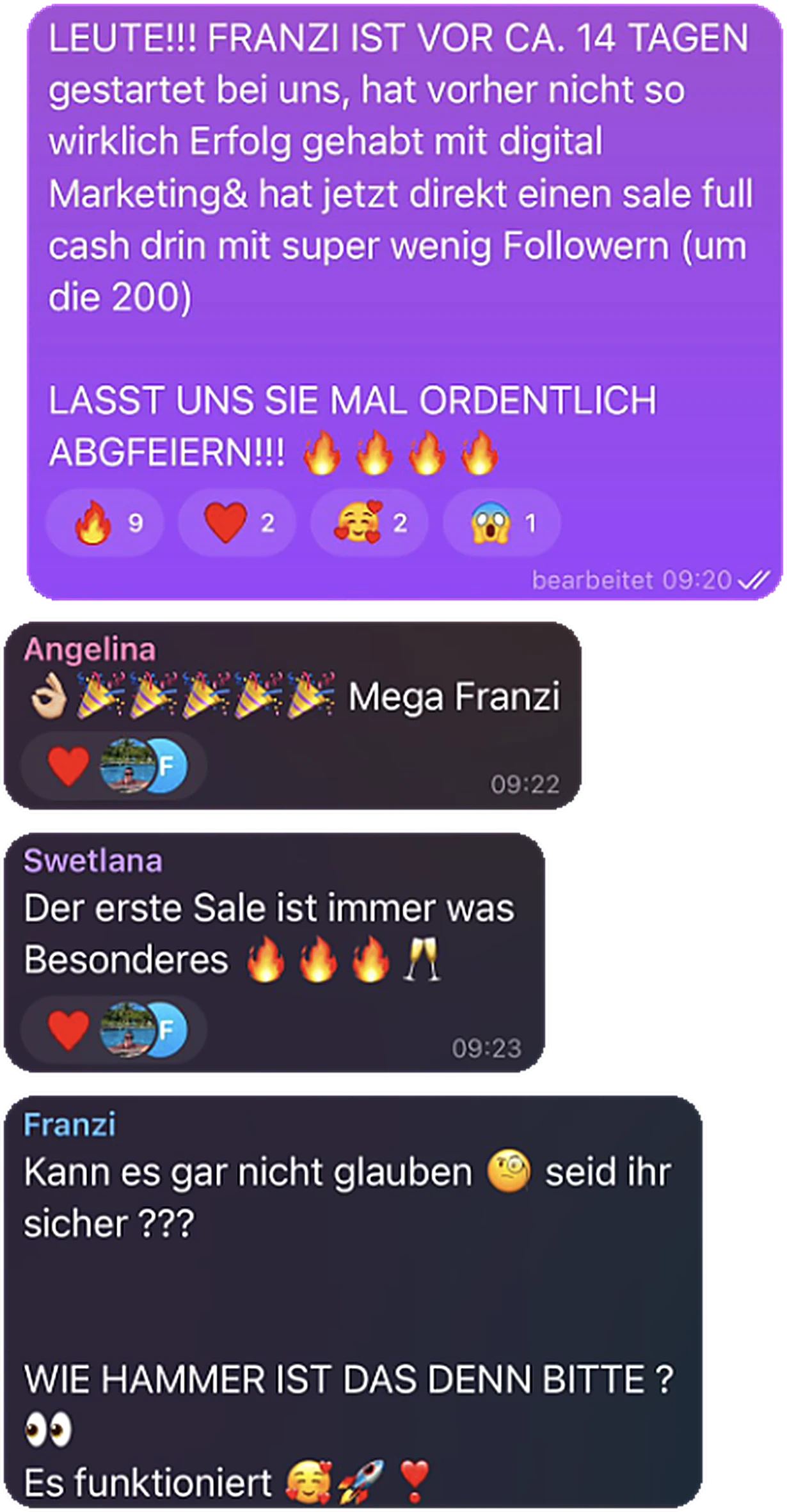 Chatverlauf: Franzi hat nach 14 Tagen mit rund 200 Followern ihren ersten Sale