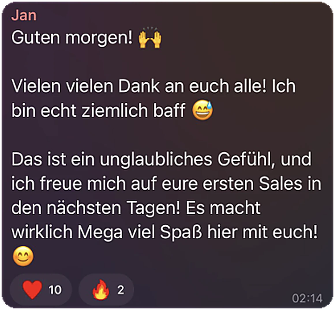 Chatnachricht von Jan: Danke an alle, unglaubliches Gefühl