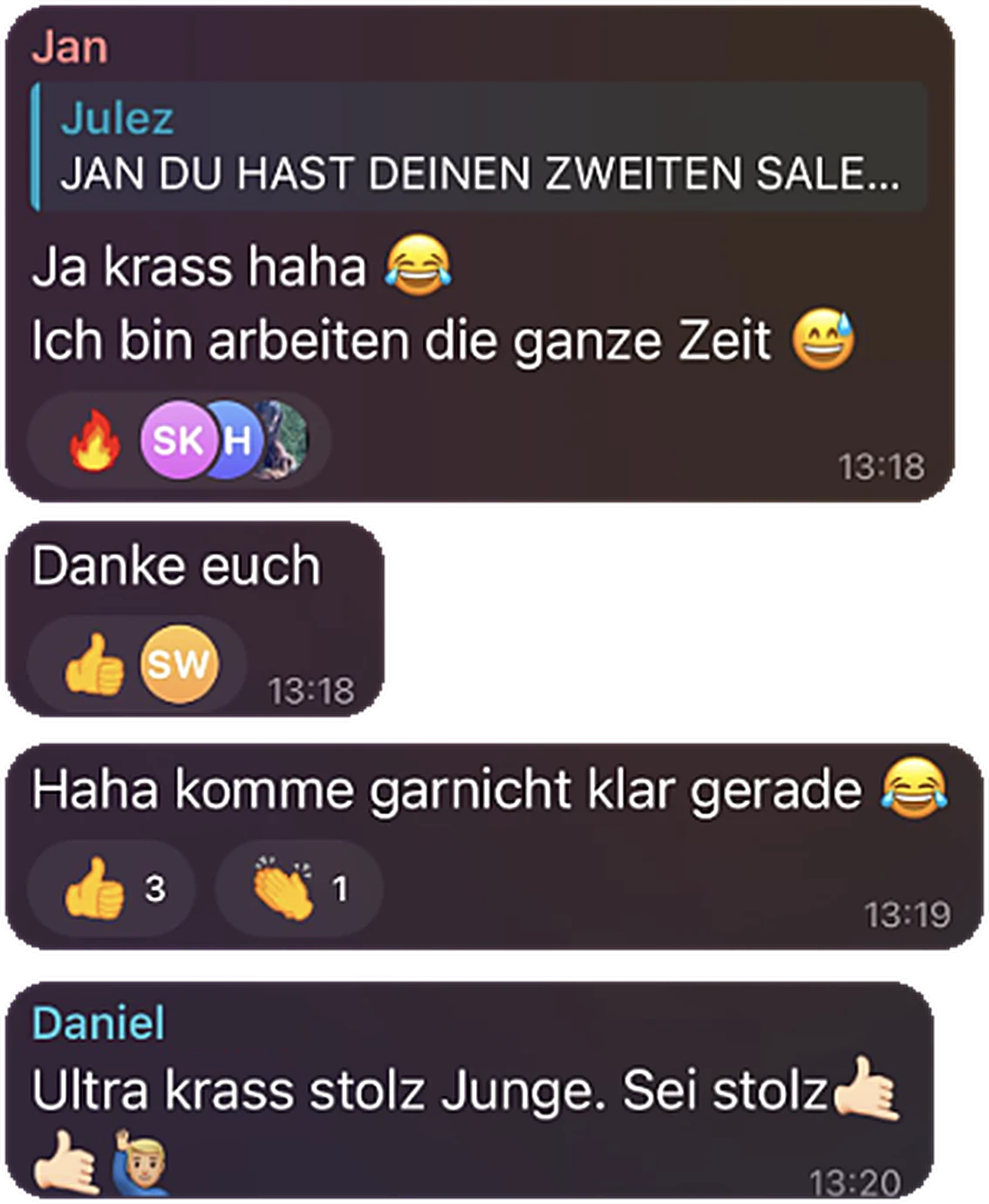 Chatverlauf: Jan hat seinen zweiten Sale, während er arbeitet